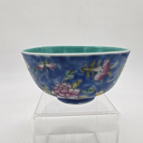 Vintage Chinese Hand Painted Cloisonne Blue Floral Bowl 4.5" - Picture 4 of 8